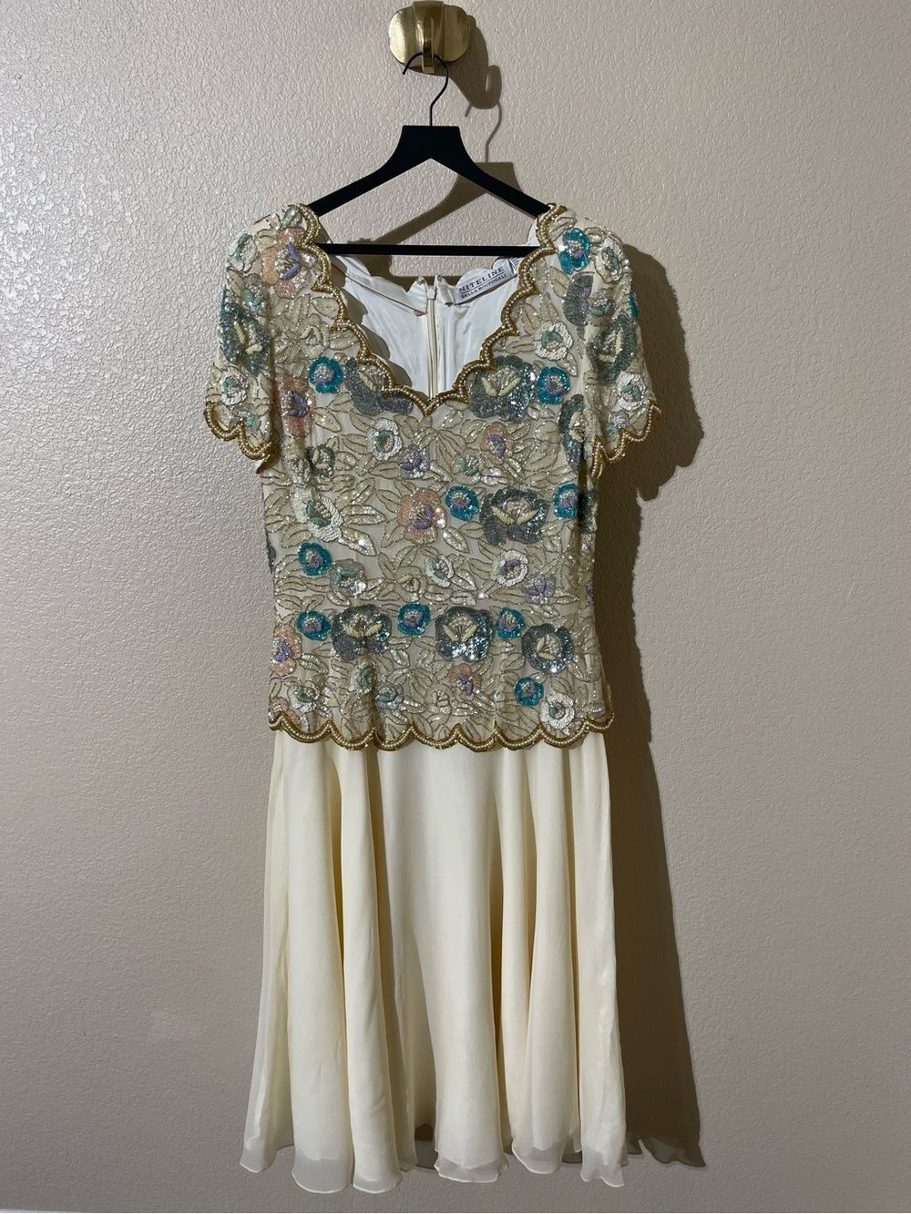 Vintage Niteline Cream Midi Dress with Multicolor Beaded Floral Bodice